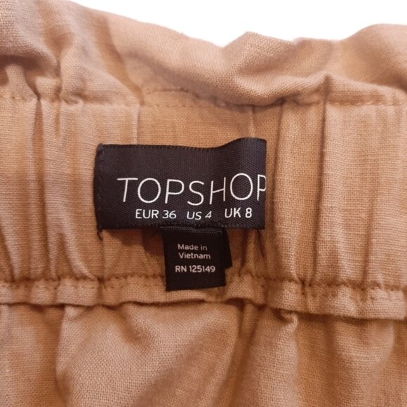 3/$20 TOPSHOP Linen Buttoned Paperbag Mini Skirt Tan Khaki Belted - Picture 5 of 7